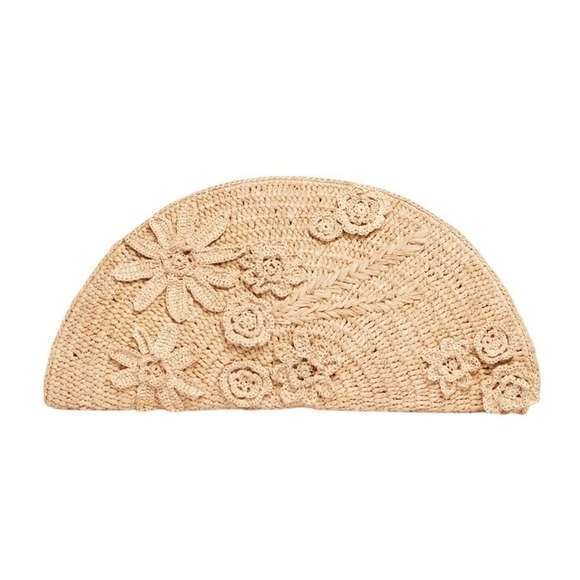 Vanessa Bruno Handbags - Vanessa Bruno Raffia Floral Half-Moon Clutch Bag Natural Beige